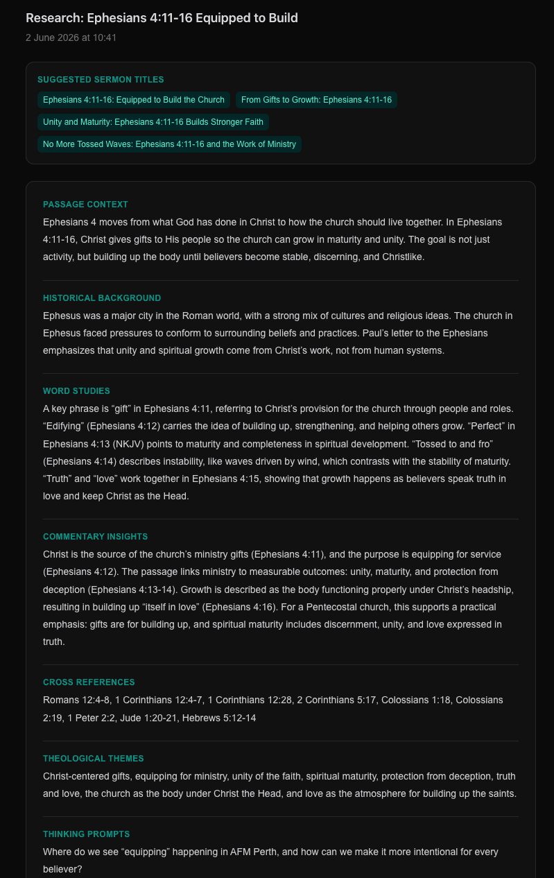Active Gospel organized research results screen